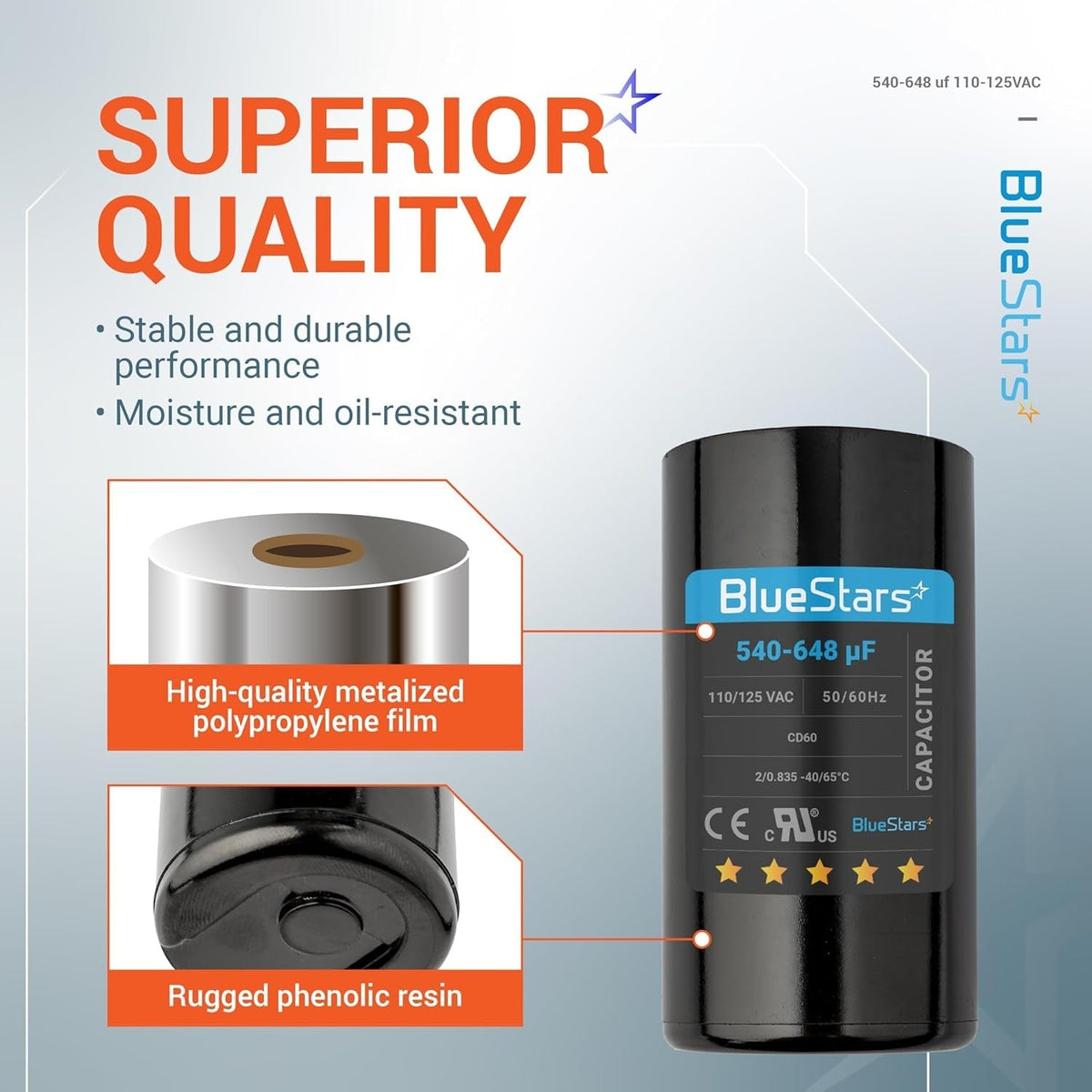 Infographic showing 540-648 uF 110-125 VAC CD60 round start capacitor features and construction materials.