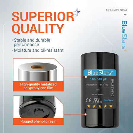Infographic showing 540-648 uF 110-125 VAC CD60 round start capacitor features and construction materials.