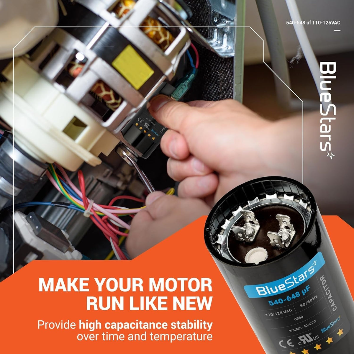 Technician installing a 540-648 uF 110-125 VAC round start capacitor into a single phase motor.
