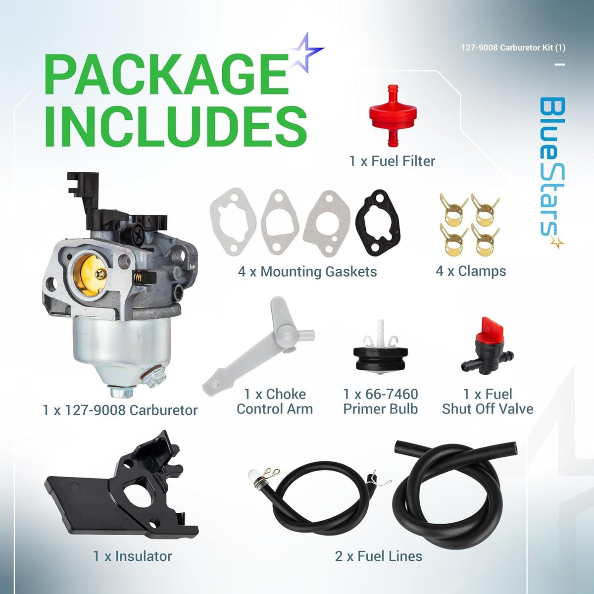 127-9008 carburetor replacement kit for Toro Power Clear including gaskets, fuel filter, primer bulb, and fuel lines.