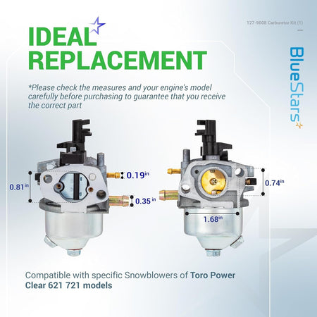127-9008 carburetor replacement for Toro Power Clear snowblowers with labeled dimensions and mounting specs.