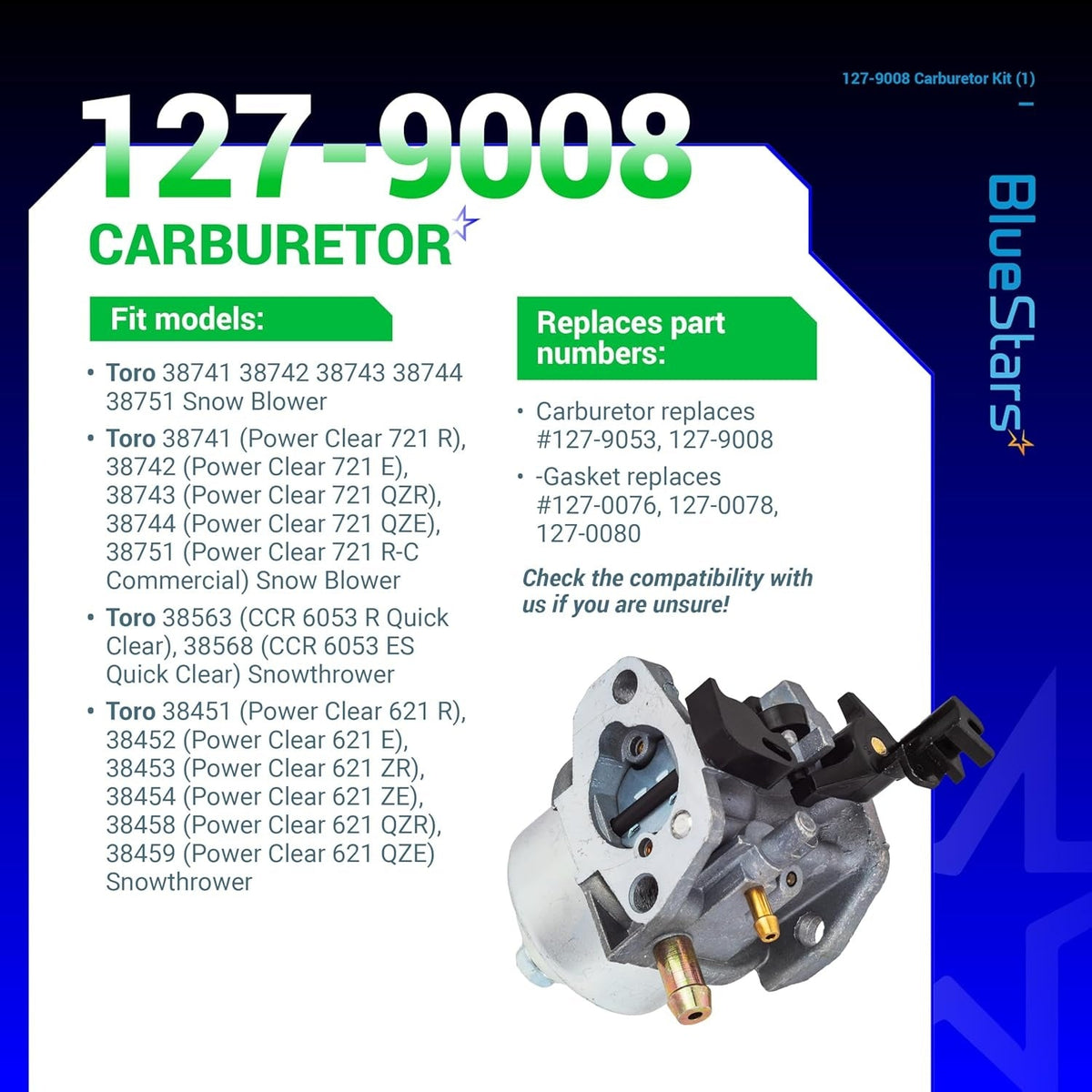 127-9008 carburetor replacement for Toro Power Clear snow blowers with compatibility and part number information.