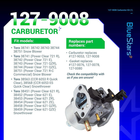 127-9008 carburetor replacement for Toro Power Clear snow blowers with compatibility and part number information.