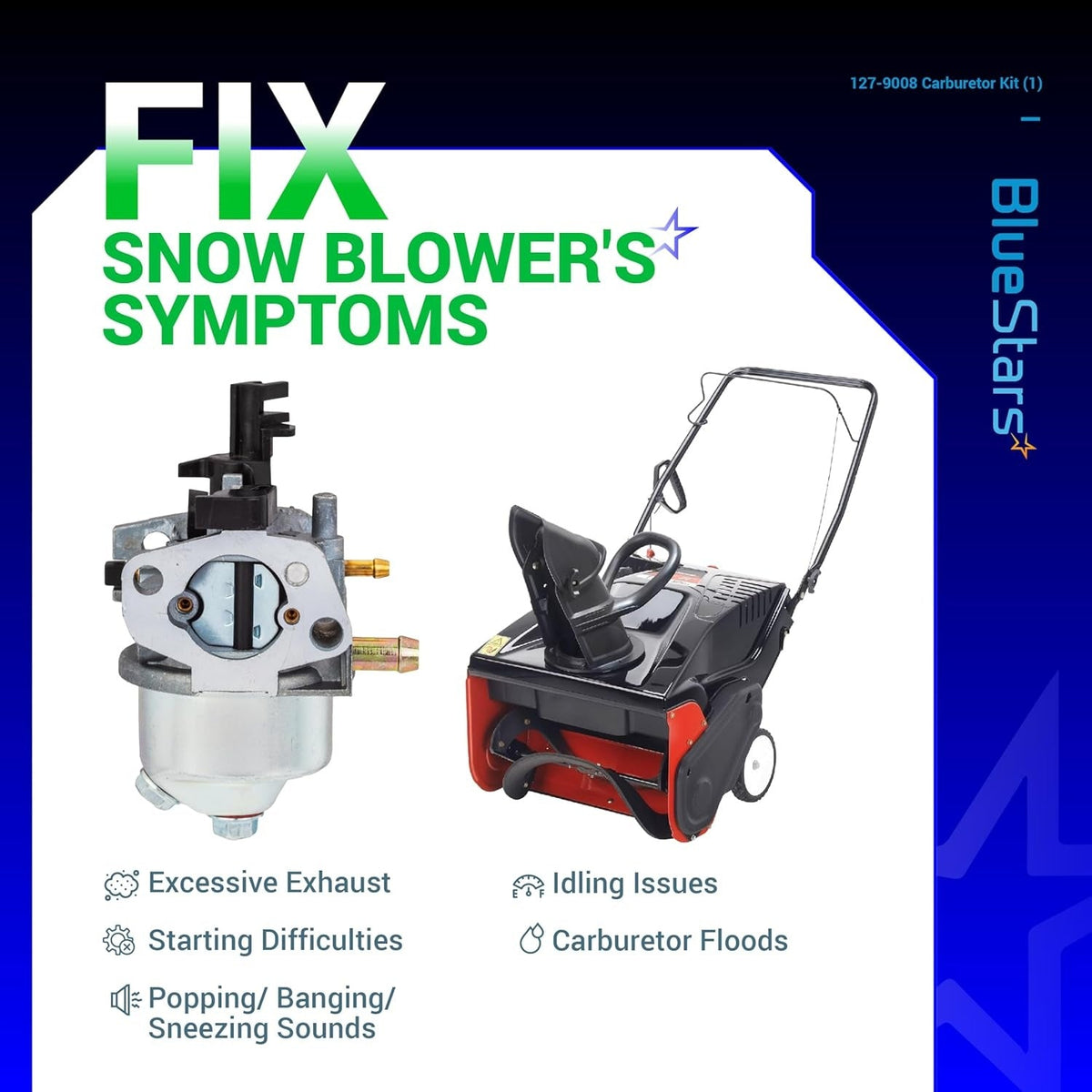 127-9008 carburetor replacement kit for Toro Power Clear snow blower showing symptoms and repair solutions.