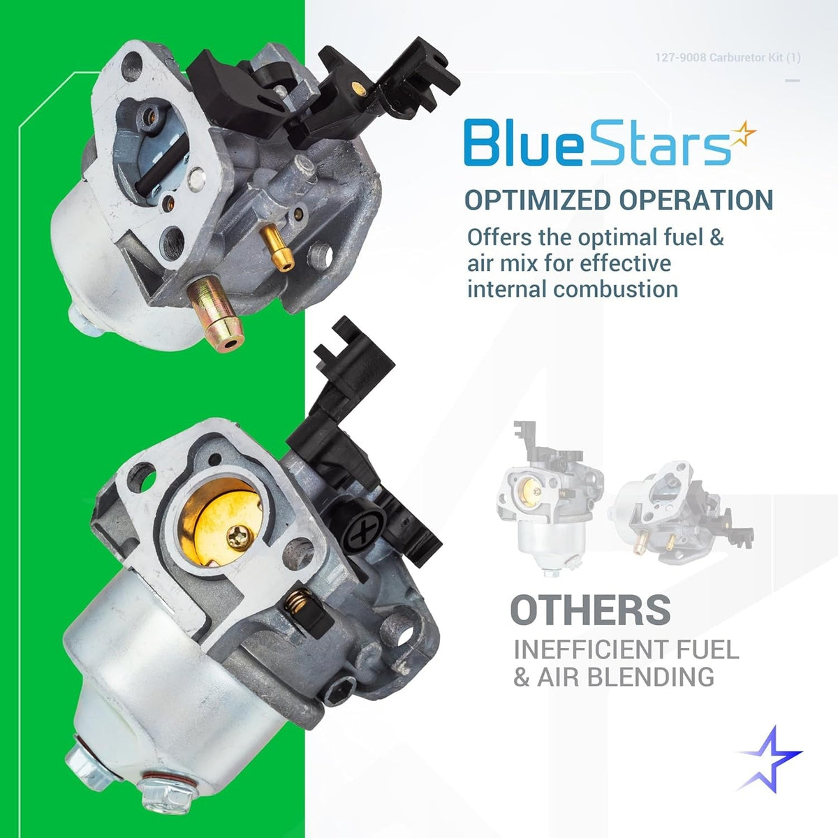 Comparison graphic showing 127-9008 carburetor for Toro Power Clear snow blowers.