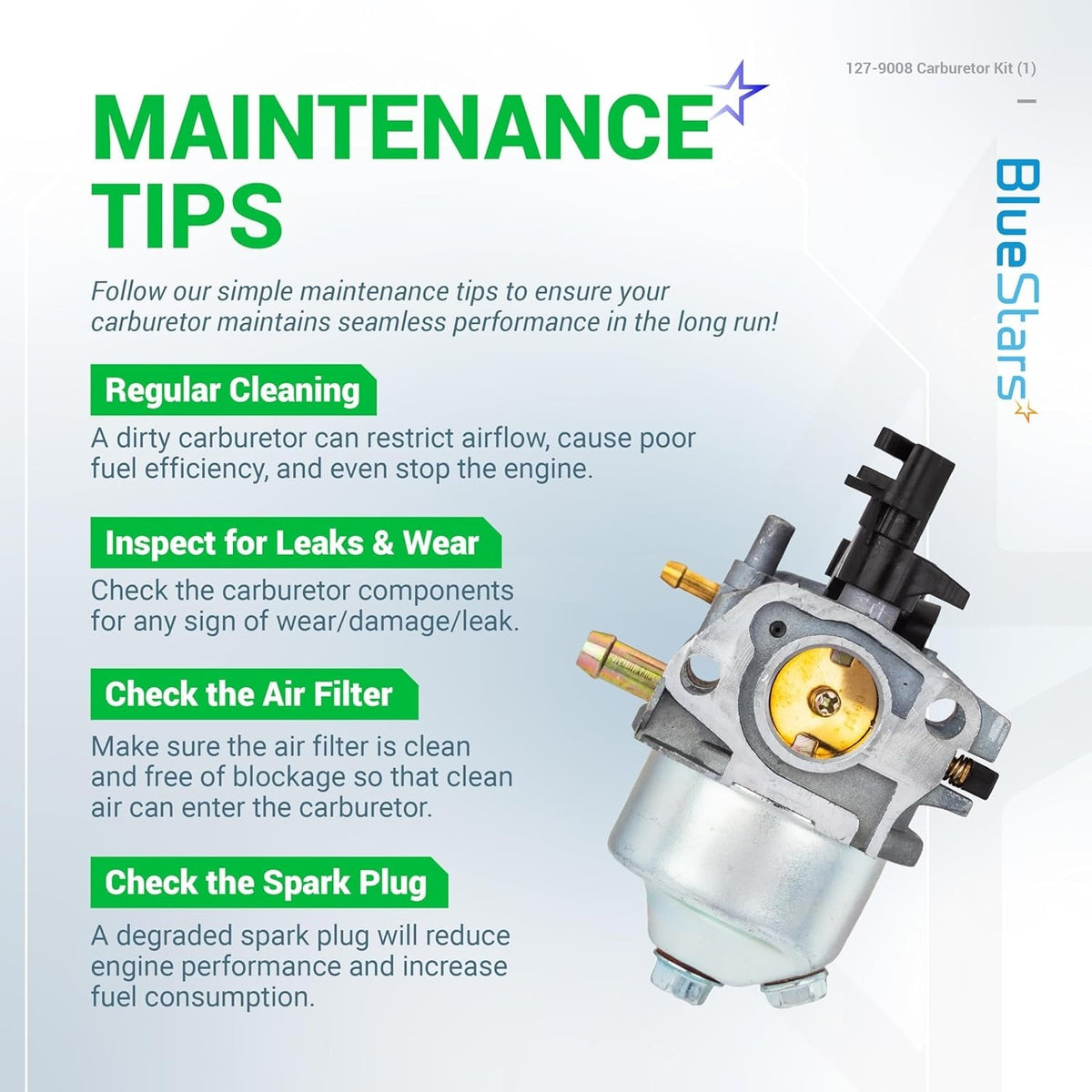 Informational graphic with maintenance tips for the 127-9008 carburetor compatible with Toro Power Clear snow blowers.