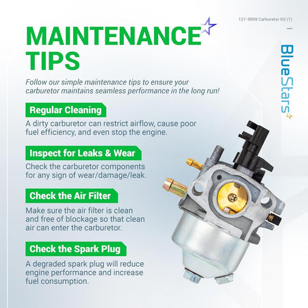 Informational graphic with maintenance tips for the 127-9008 carburetor compatible with Toro Power Clear snow blowers.