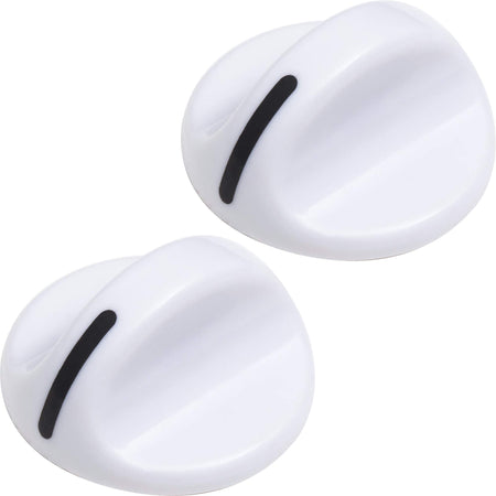 Two white replacement dryer timer knobs for Frigidaire and Electrolux dryers.