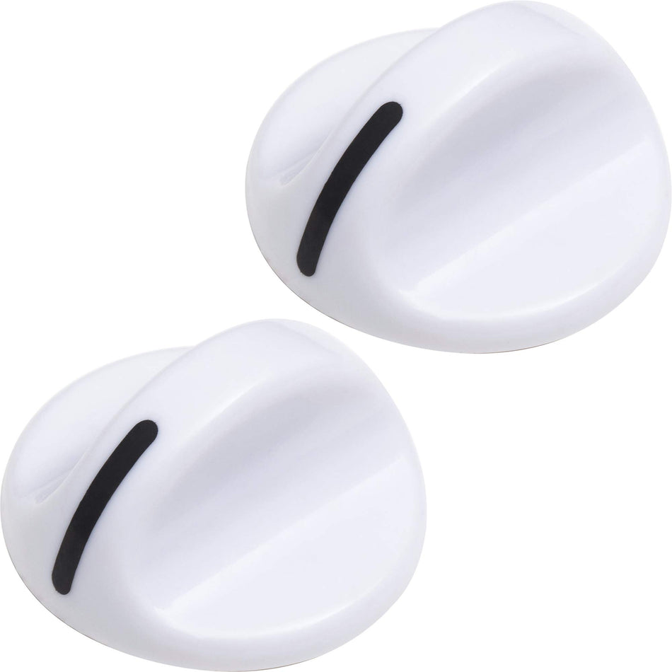 Two white replacement dryer timer knobs for Frigidaire and Electrolux dryers.