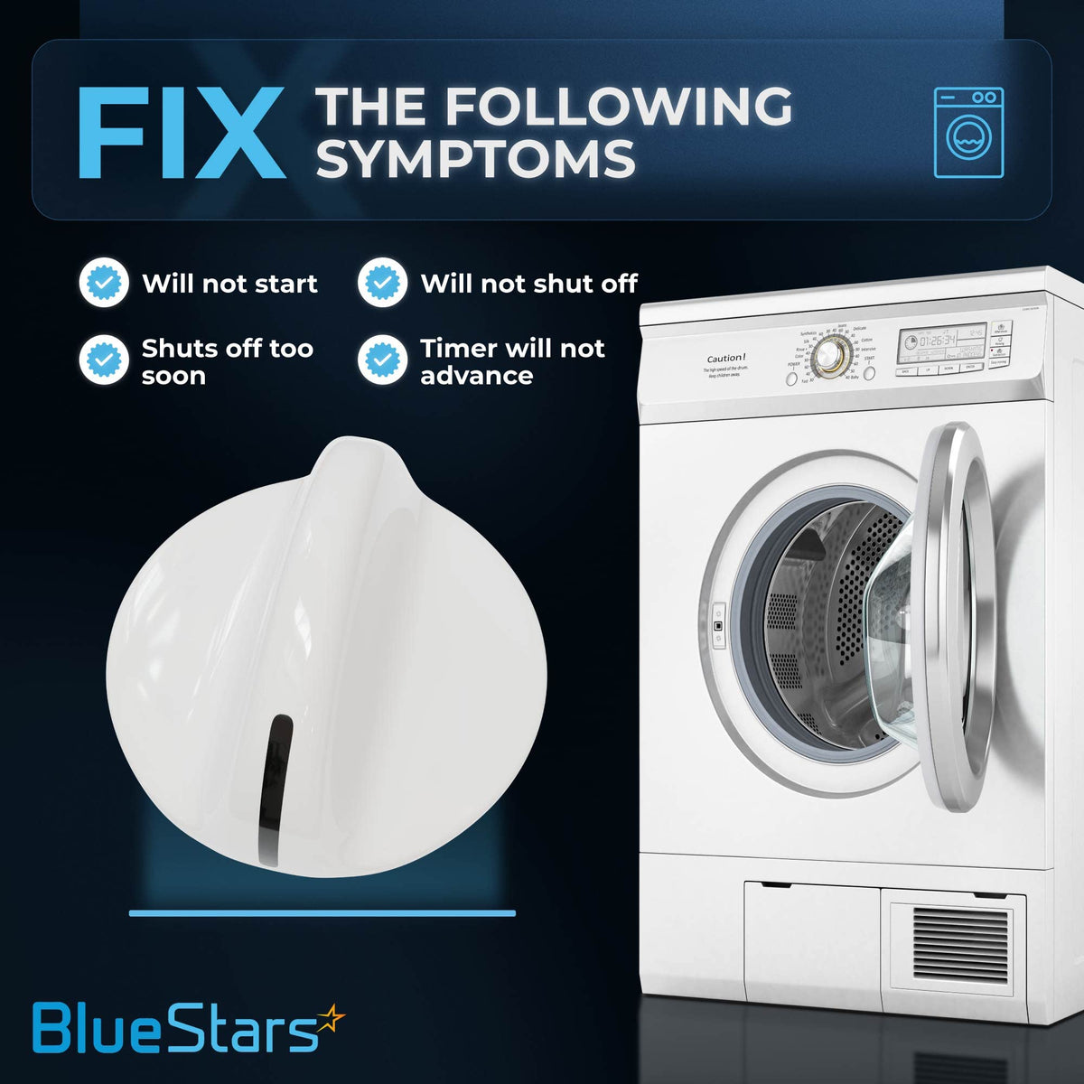 Infographic showing 131965300 dryer timer knob and common dryer repair symptoms for Frigidaire and Electrolux models.