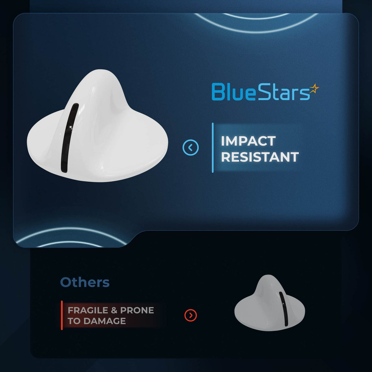 Comparison graphic showing BlueStars impact-resistant dryer timer knob versus a fragile alternative.