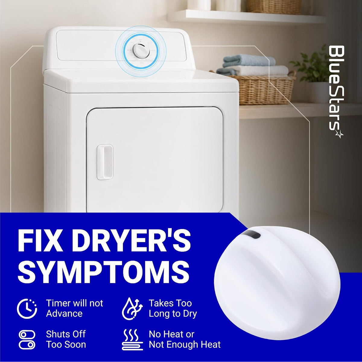 131965300 Dryer Timer Knob, graphic showing the knob on a dryer with a replacement knob and listed dryer symptoms