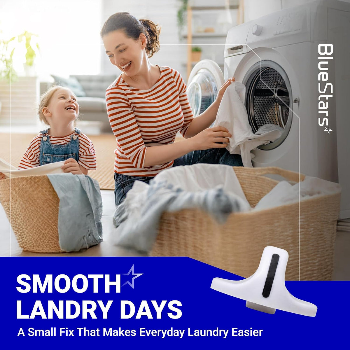 131965300 Dryer Timer Knob, promotional graphic with woman and child beside a dryer and a white knob