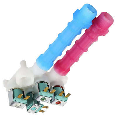 134637810 water inlet valve with blue and red plastic nozzles for Frigidaire, Kenmore, and Electrolux washing machines.