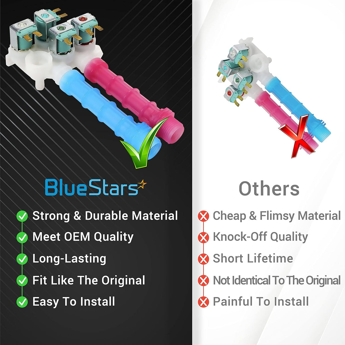 Comparison chart showing 134637810 water inlet valve for Frigidaire washing machines versus lower quality alternatives.
