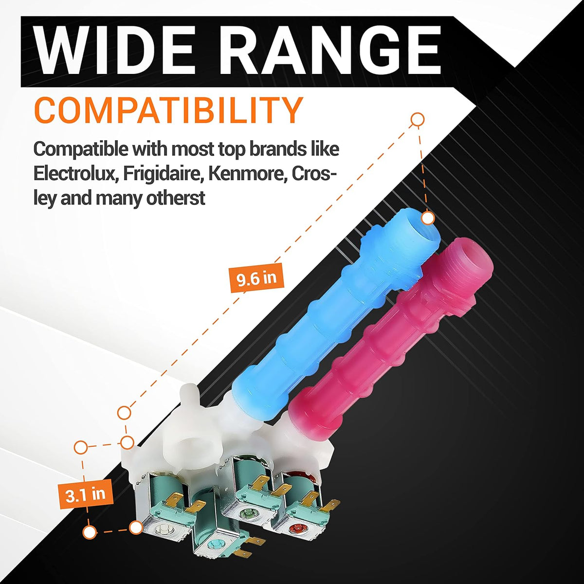 134637810 water inlet valve for washing machines showing dimensions and compatibility with Frigidaire and Kenmore.