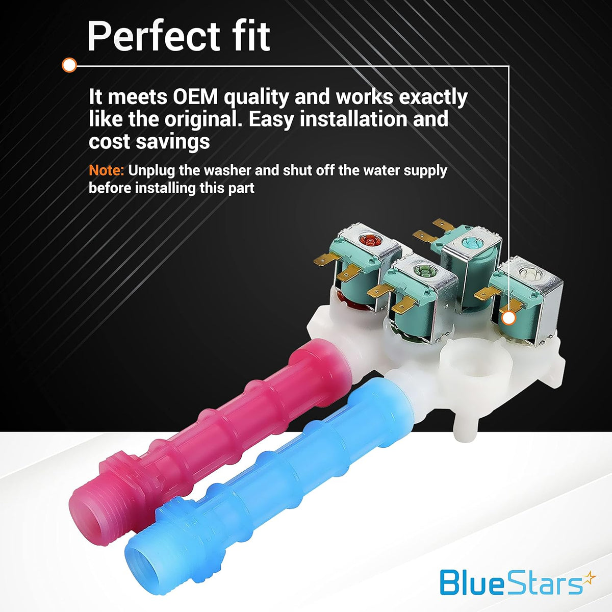 134637810 washing machine water inlet valve with red and blue hose connectors and electrical terminals.