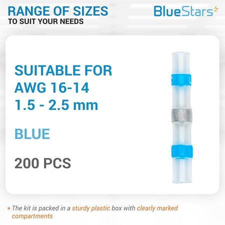 Single blue solder seal wire connector for 16-14 AWG wire, shown in an informational product graphic.