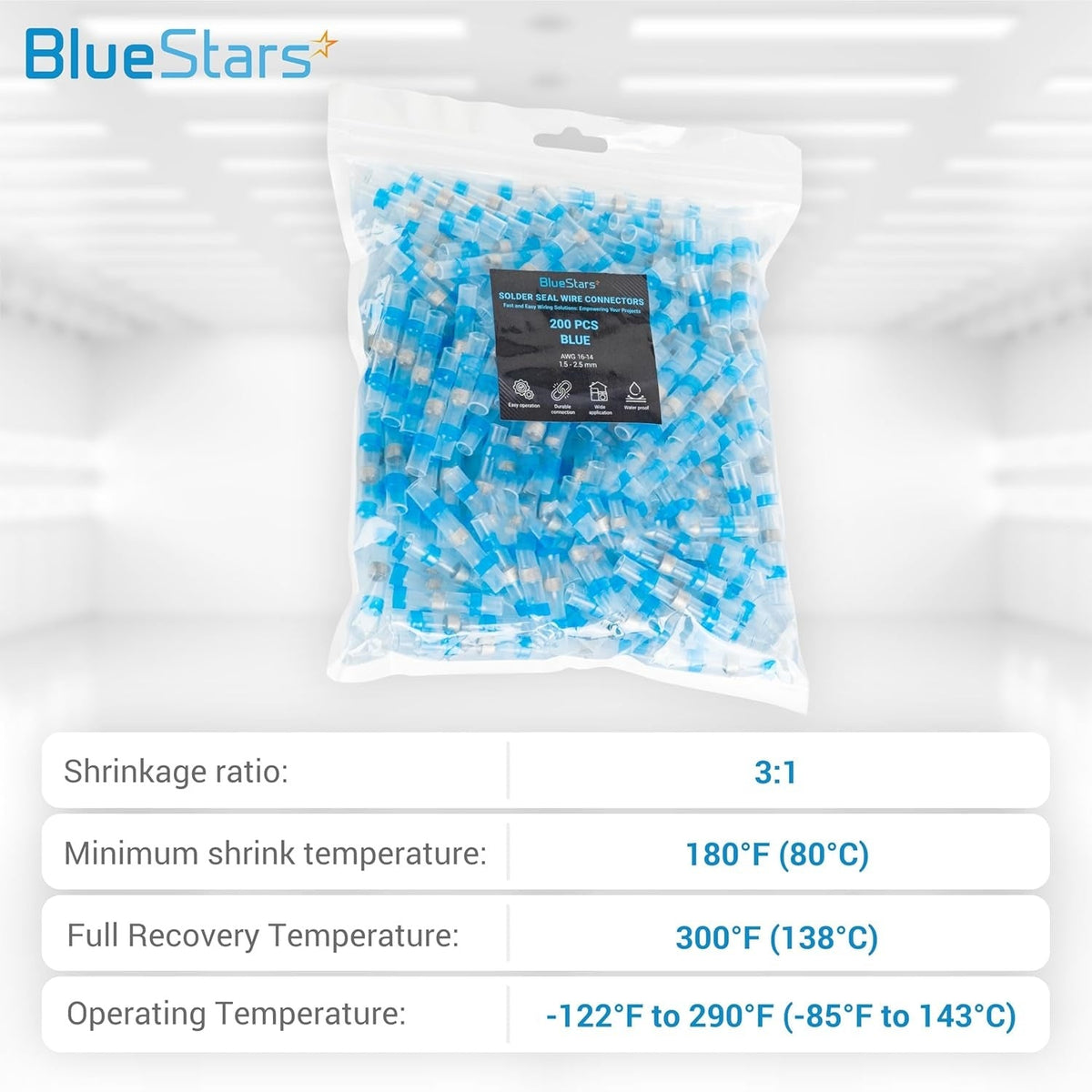 Clear plastic bag containing 200 blue solder seal wire connectors with technical specifications chart below.