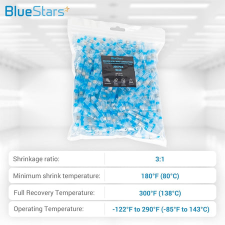 Clear plastic bag containing 200 blue solder seal wire connectors with technical specifications chart below.