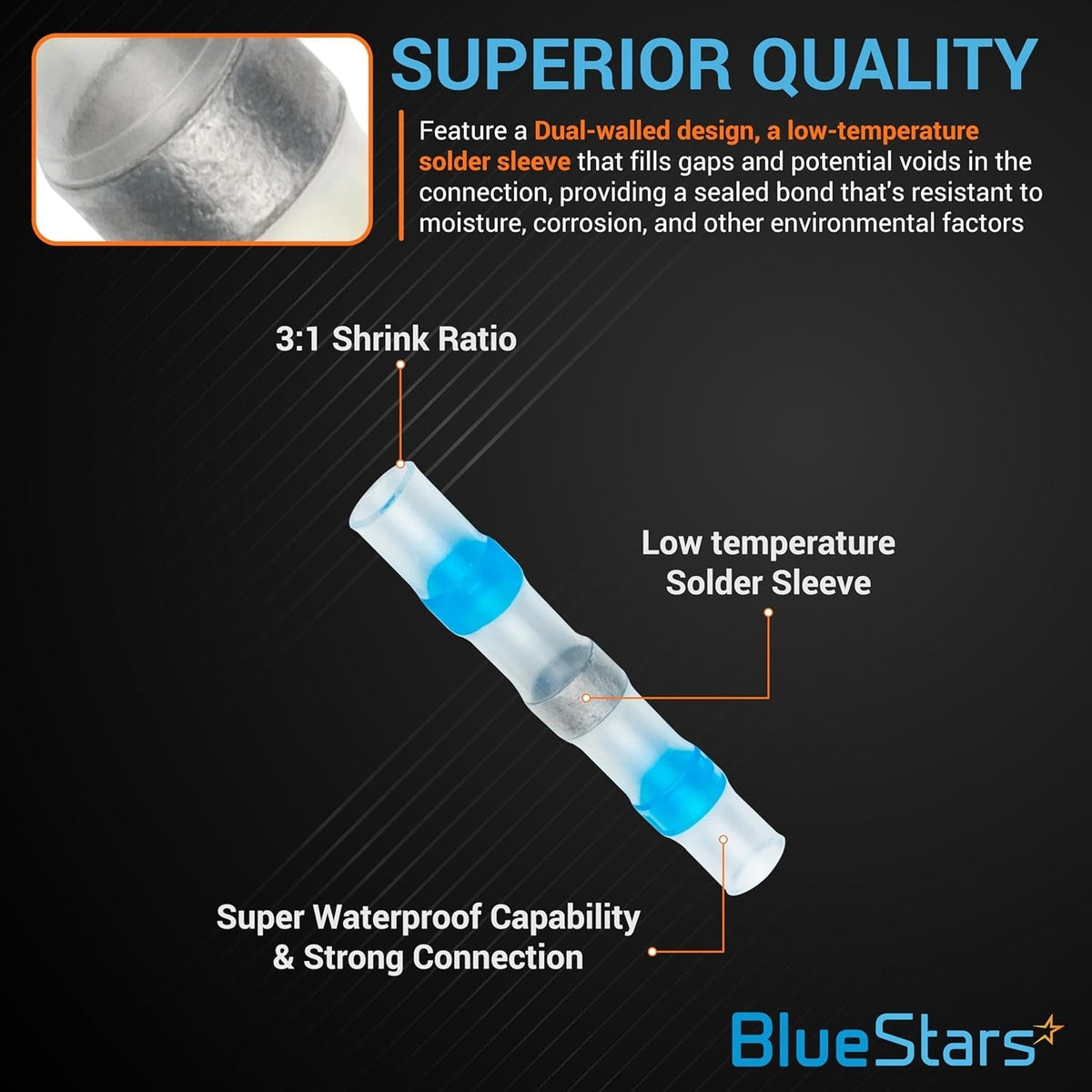 Blue solder seal wire connector showing 3:1 shrink ratio, low-temperature solder sleeve, and waterproof design.