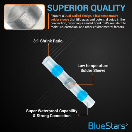 Blue solder seal wire connector showing 3:1 shrink ratio, low-temperature solder sleeve, and waterproof design.