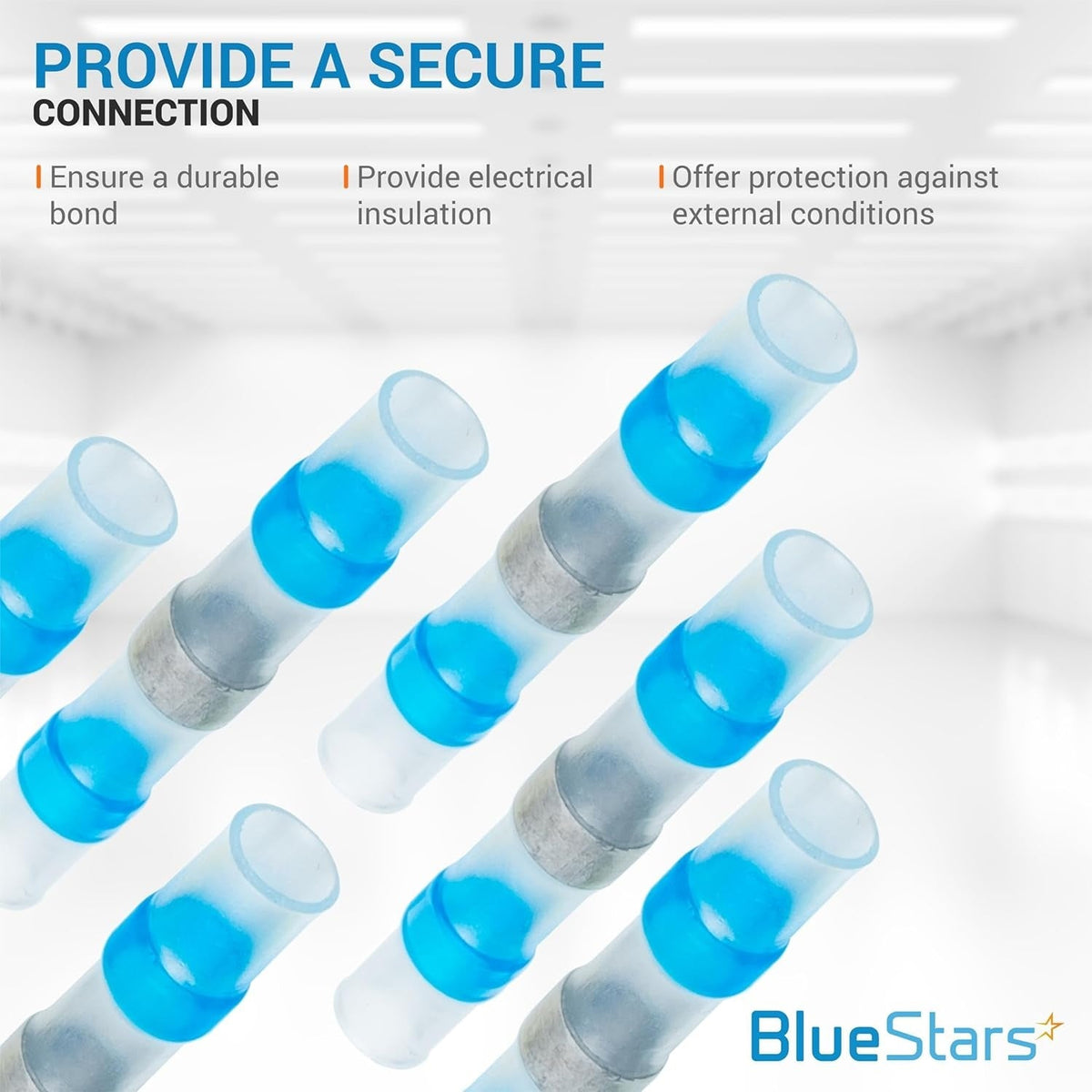 Close-up of blue solder seal wire connectors designed for durable electrical insulation and secure connections.