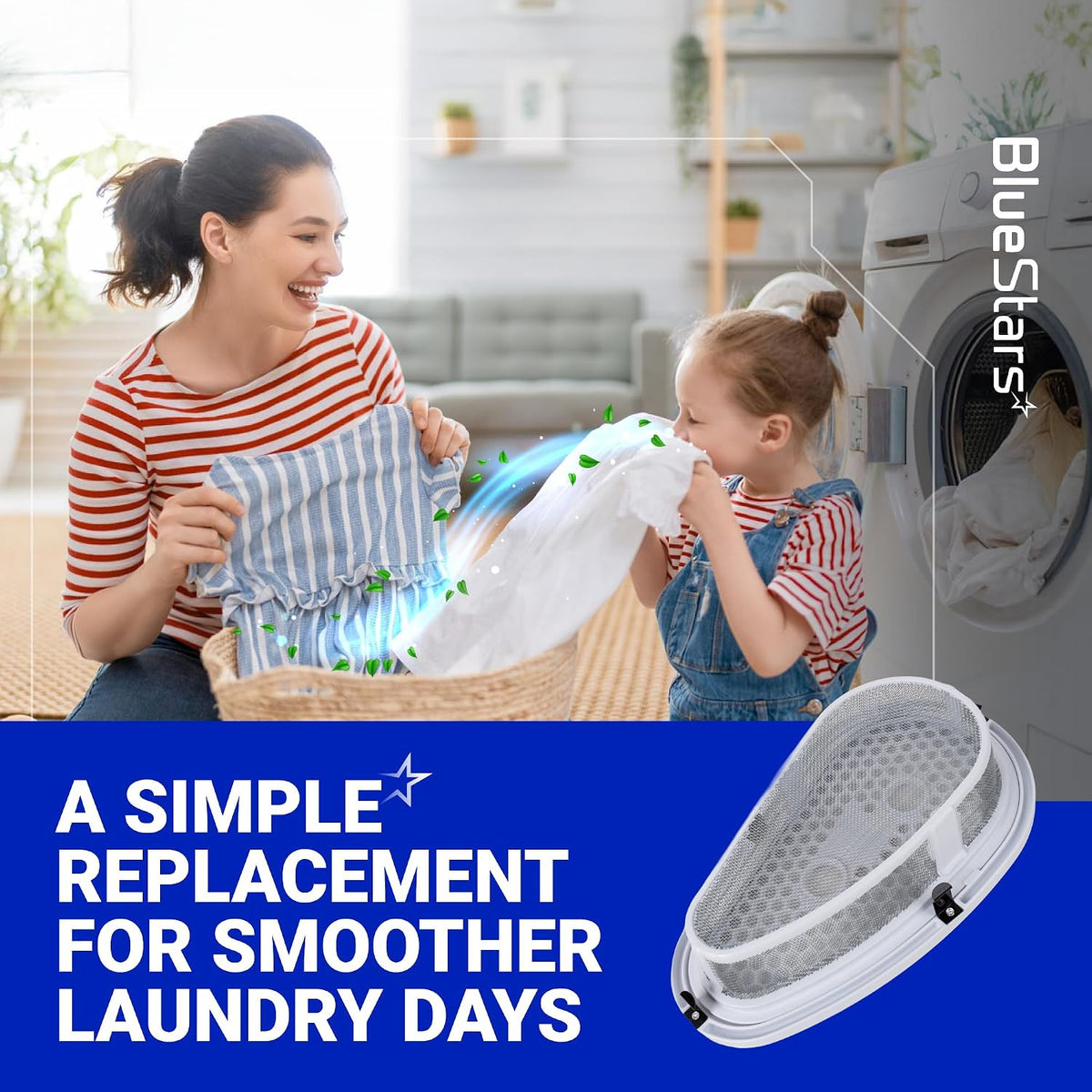 W10828351 Dryer Lint Filter & Cover, promotional graphic showing the filter with a family doing laundry