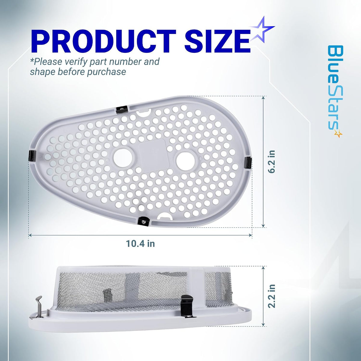 W10828351 Dryer lint filter and cover with stainless steel mesh screen, size diagram showing 10.4 x 6.2 x 2.2 in