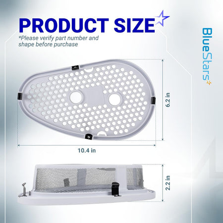 W10828351 Dryer lint filter and cover with stainless steel mesh screen, size diagram showing 10.4 x 6.2 x 2.2 in