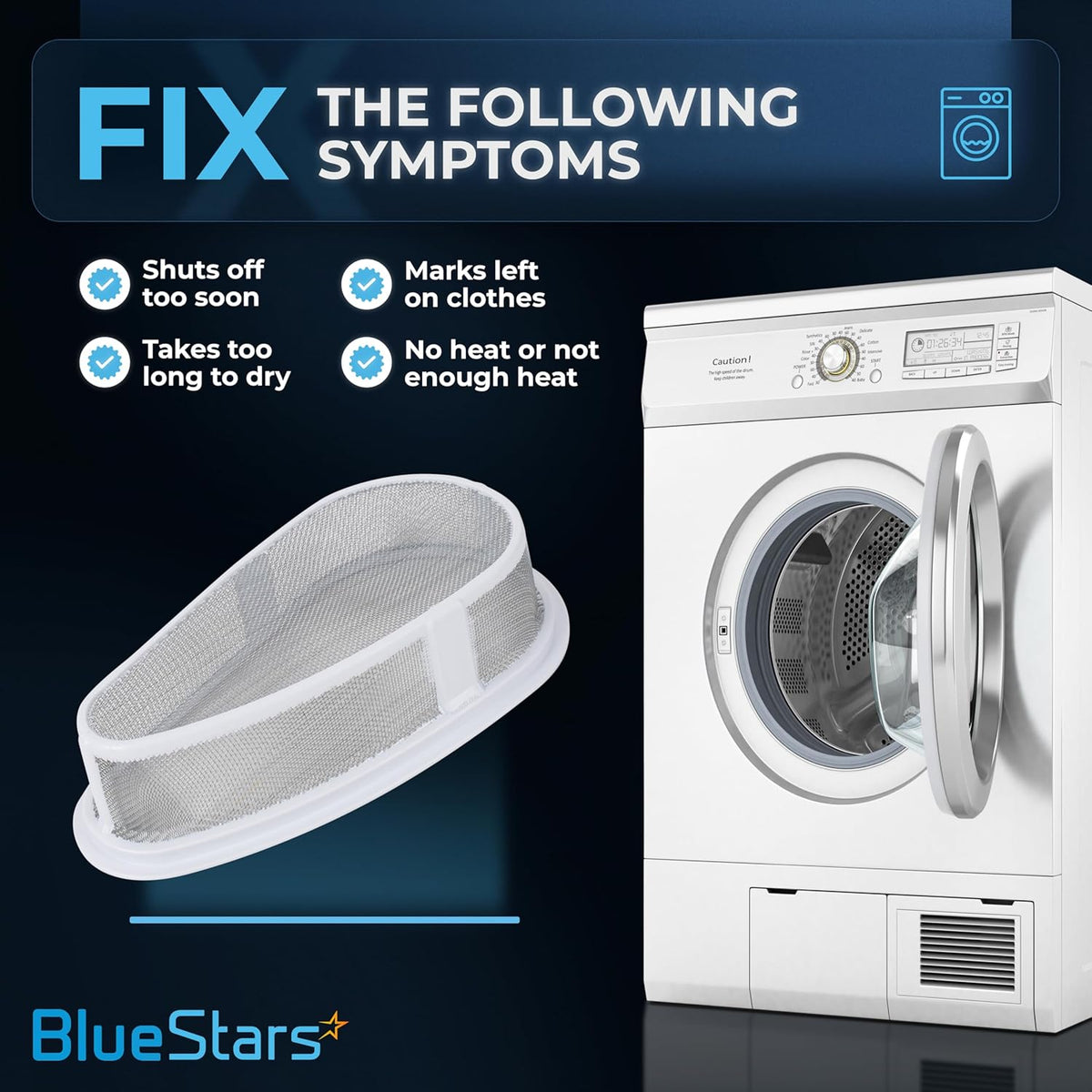 W10828351 dryer lint filter and cover with stainless steel mesh screen shown with dryer symptom troubleshooting guide.