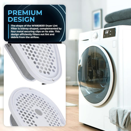 Close-up of W10828351 kidney-shaped dryer lint filter with stainless steel mesh screen and metal securing clips.