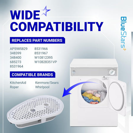 W10828351 Dryer Lint Filter & Cover, wide compatibility graphic with replacement part numbers and dryer image