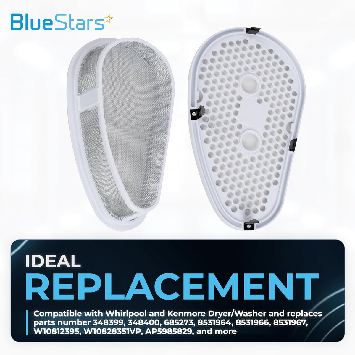 W10828351 dryer lint filter and cover with stainless steel mesh screen for Whirlpool and Kenmore dryers.