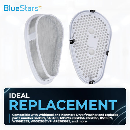 W10828351 dryer lint filter and cover with stainless steel mesh screen for Whirlpool and Kenmore dryers.