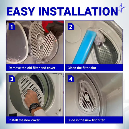 W10828351 Dryer Lint Filter & Cover showing a four-step installation guide