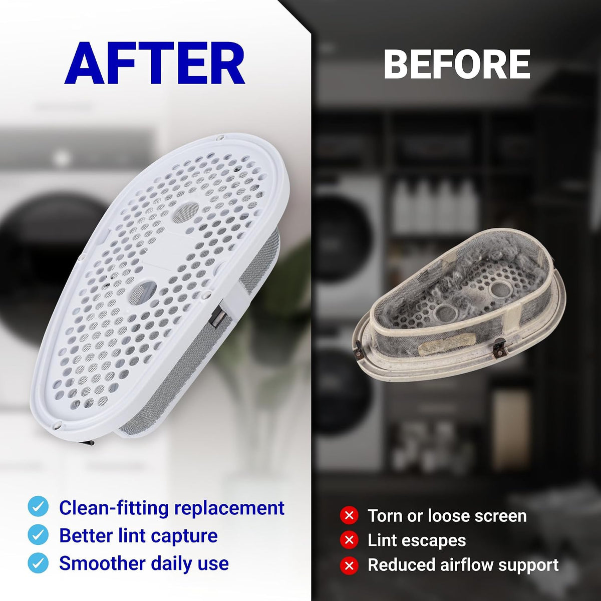 W10828351 Dryer Lint Filter & Cover shown as a clean replacement beside a worn, lint-covered old filter
