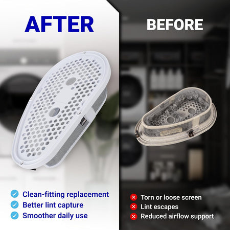 W10828351 Dryer Lint Filter & Cover shown as a clean replacement beside a worn, lint-covered old filter