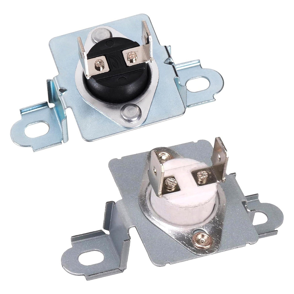 Two dryer thermostats with metal mounting brackets for LG and Kenmore dryers.