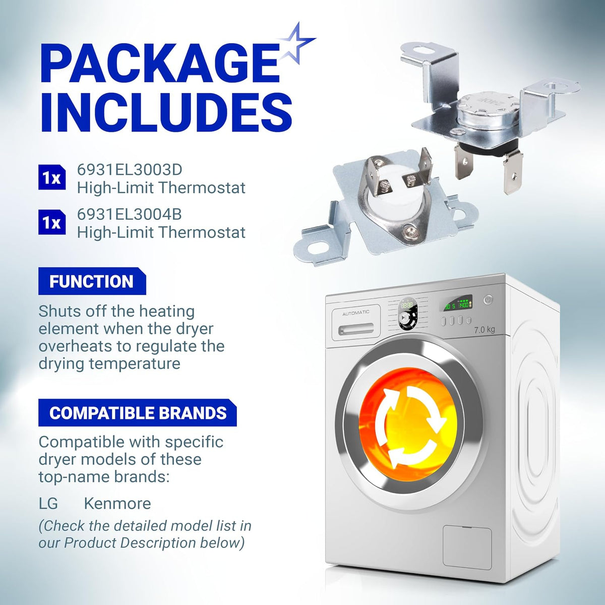 6931EL3003D & 6931EL3001B Dryer Thermostat Kit package graphic showing two thermostats and dryer compatibility details