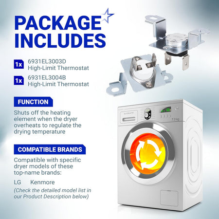 6931EL3003D & 6931EL3001B Dryer Thermostat Kit package graphic showing two thermostats and dryer compatibility details