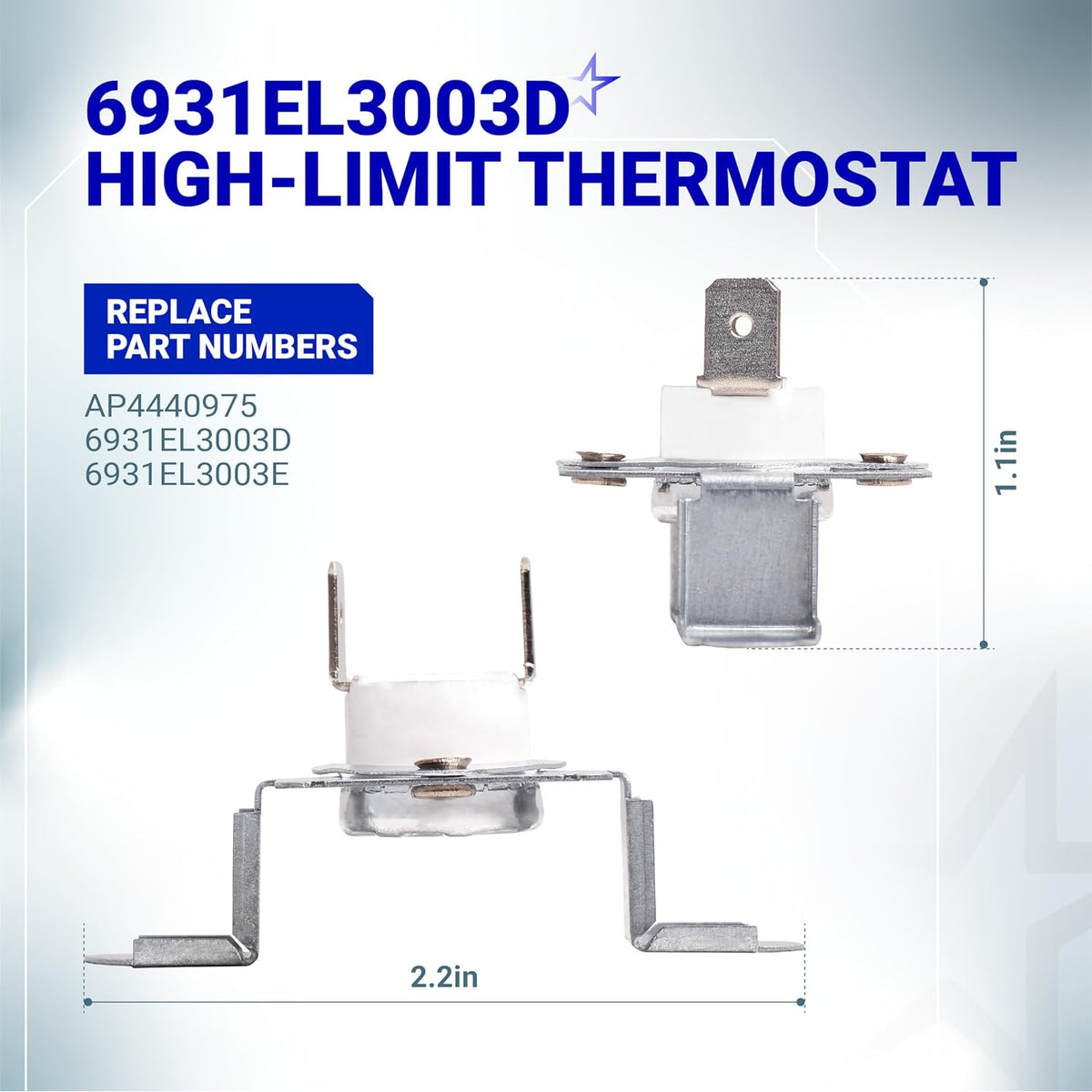6931EL3003D high-limit thermostat, front and side views with 2.2in and 1.1in dimensions and replacement numbers