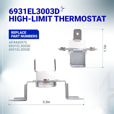6931EL3003D high-limit thermostat, front and side views with 2.2in and 1.1in dimensions and replacement numbers