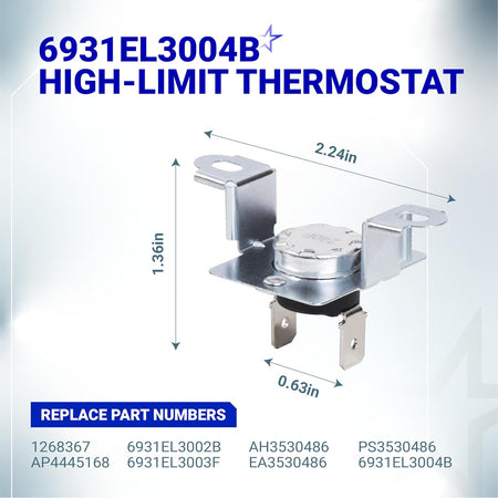 6931EL3003D & 6931EL3001B Dryer Thermostat Kit, high-limit thermostat with dimensions and replacement part numbers