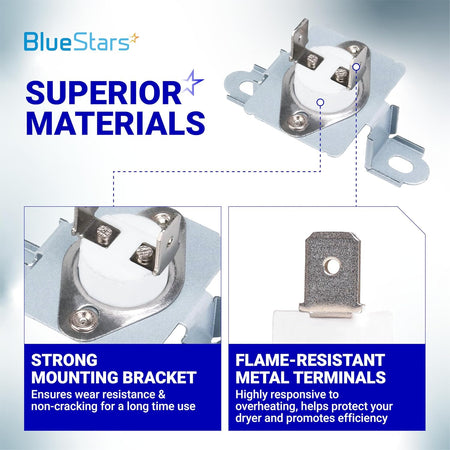 6931EL3003D & 6931EL3001B Dryer Thermostat Kit showing thermostat, mounting bracket, and metal terminal close-ups