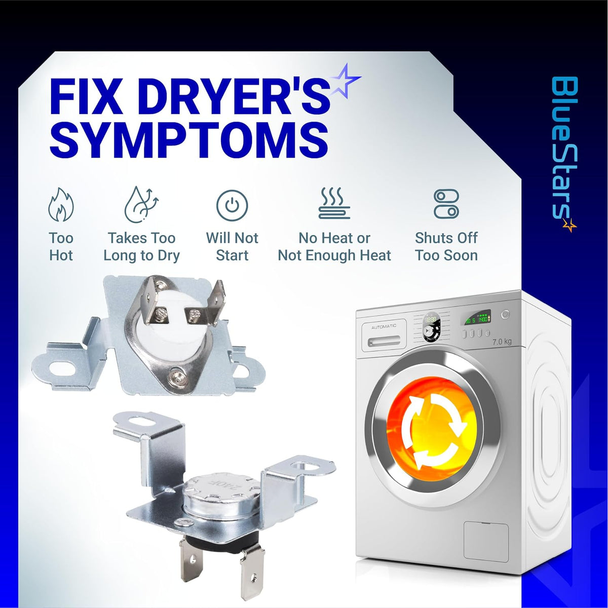 6931EL3003D & 6931EL3001B Dryer Thermostat Kit, symptom chart with two thermostats and a dryer
