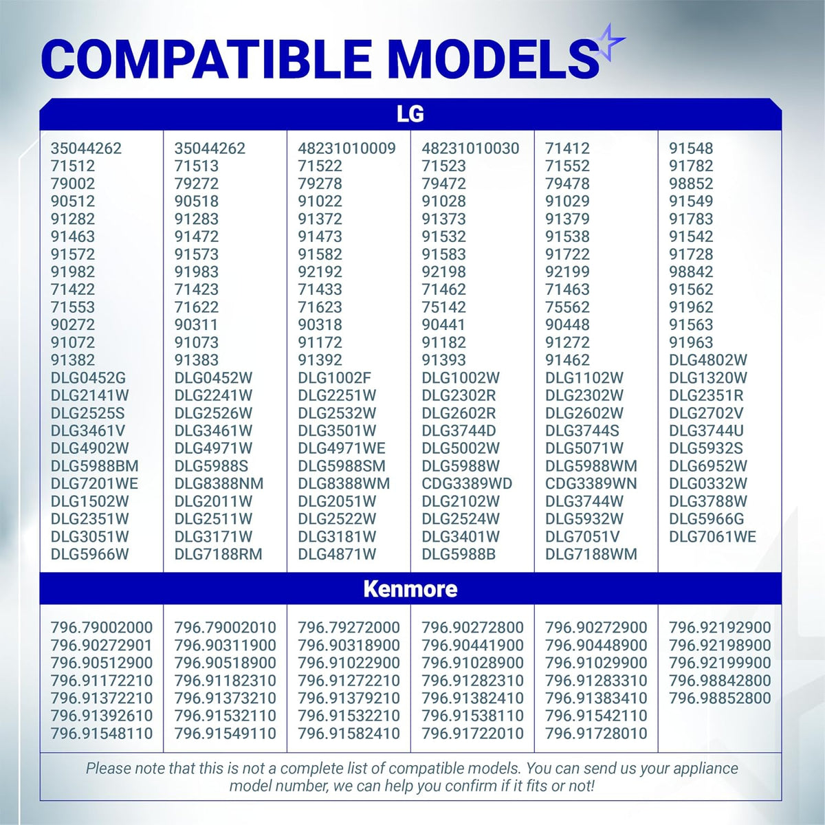 6931EL3003D & 6931EL3001B Dryer Thermostat Kit, compatible LG and Kenmore models chart