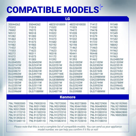 6931EL3003D & 6931EL3001B Dryer Thermostat Kit, compatible LG and Kenmore models chart
