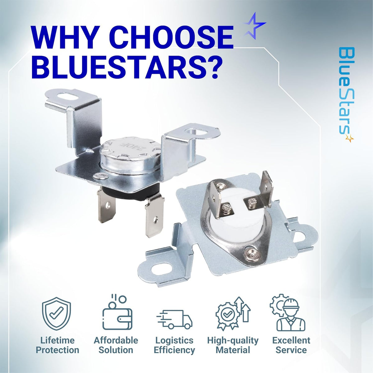 6931EL3003D & 6931EL3001B Dryer Thermostat Kit shown as two thermostats in a BlueStars promotional graphic