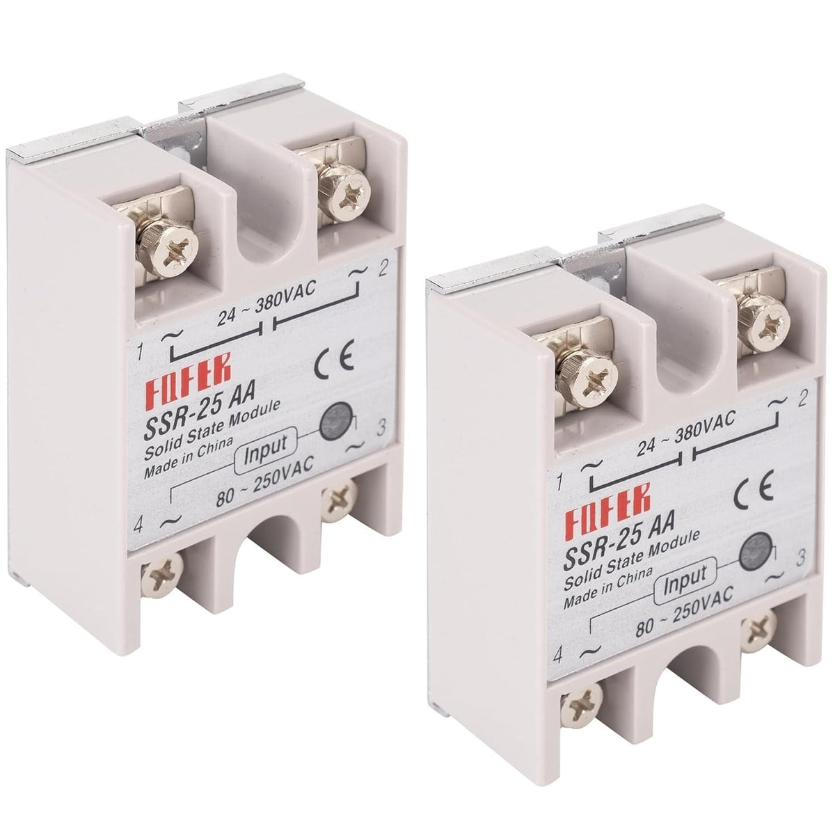 Two SSR-25AA solid state relay modules with screw terminals and 24-380VAC output rating.